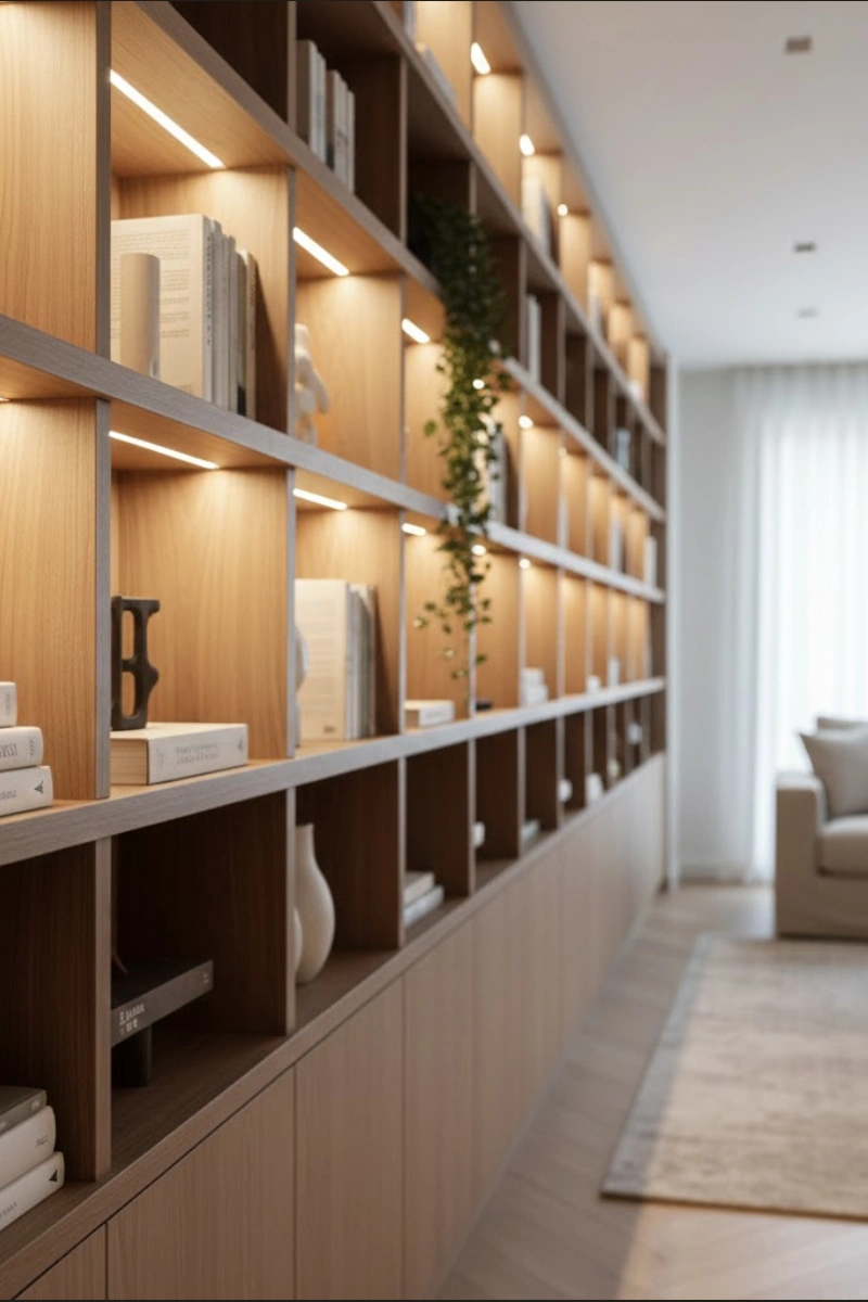 Bibliothèque murale en bois avec éclairage LED intégré et décoration épurée, réalisée par VD2 Architecture pour un projet d'architecture d'intérieur.
