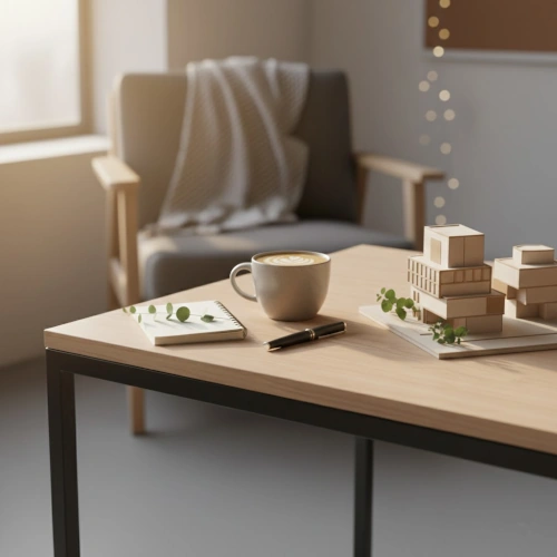 Maquette architecturale en bois, carnet de notes et café sur une table de travail, symbolisant l'étape de conception et d'écoute client chez VD2 Architecture.