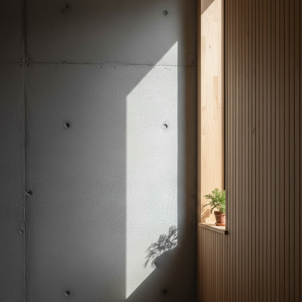 Jeux d'ombre et de lumière sur un mur en béton brut à côté d'une paroi en bois latté, création minimaliste par VD2 Architecture.