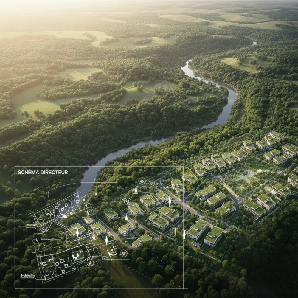 Vue aérienne d'un schéma directeur d'urbanisme intégrant un lotissement de maisons contemporaines dans un paysage vallonné, illustrant l'expertise de VD2 Architecture en aménagement du territoire.