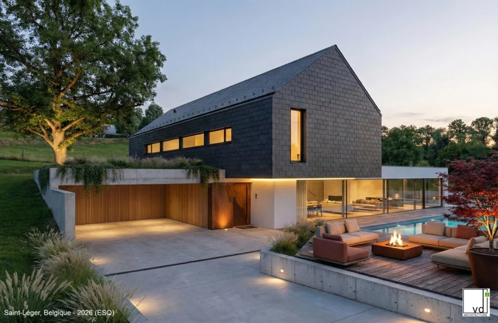 aison contemporaine passive à Saint-Léger, Belgique, avec façade en ardoises sombres, rez-de-chaussée vitré, piscine éclairée et terrasse en bois au crépuscule.